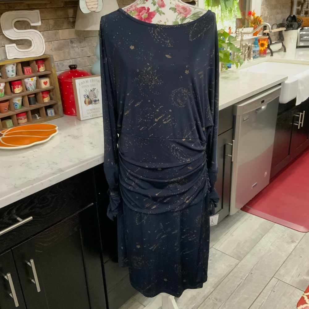 Doncaster Dress Sz 18 Midi Length Evening Cocktail Navy Blue Gold Side Slit New